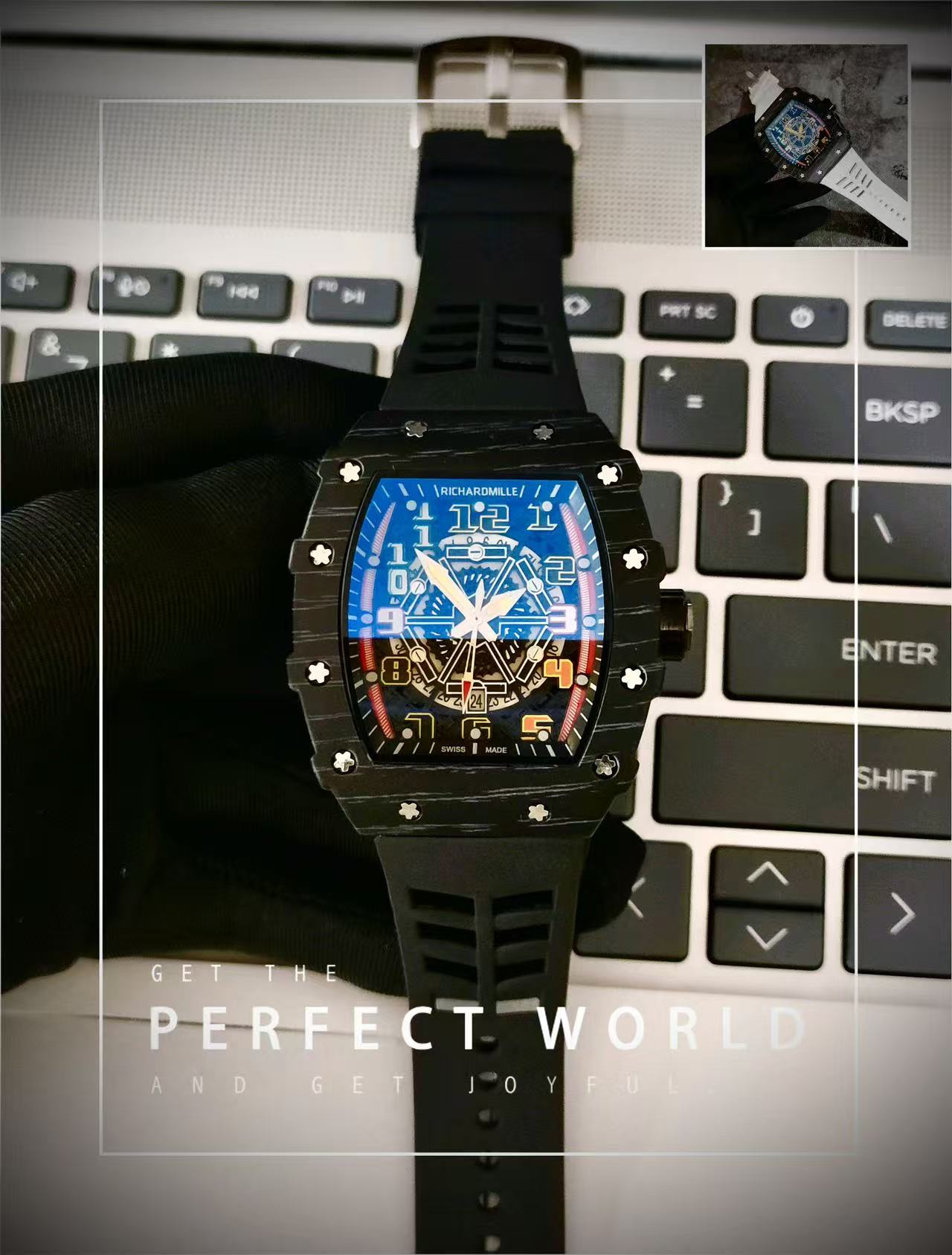 Men Tonneau Skeleton Sport Wrist Watch, Carbon Fiber Texture Case, Color Hollow Dial, Black Rubber Strap