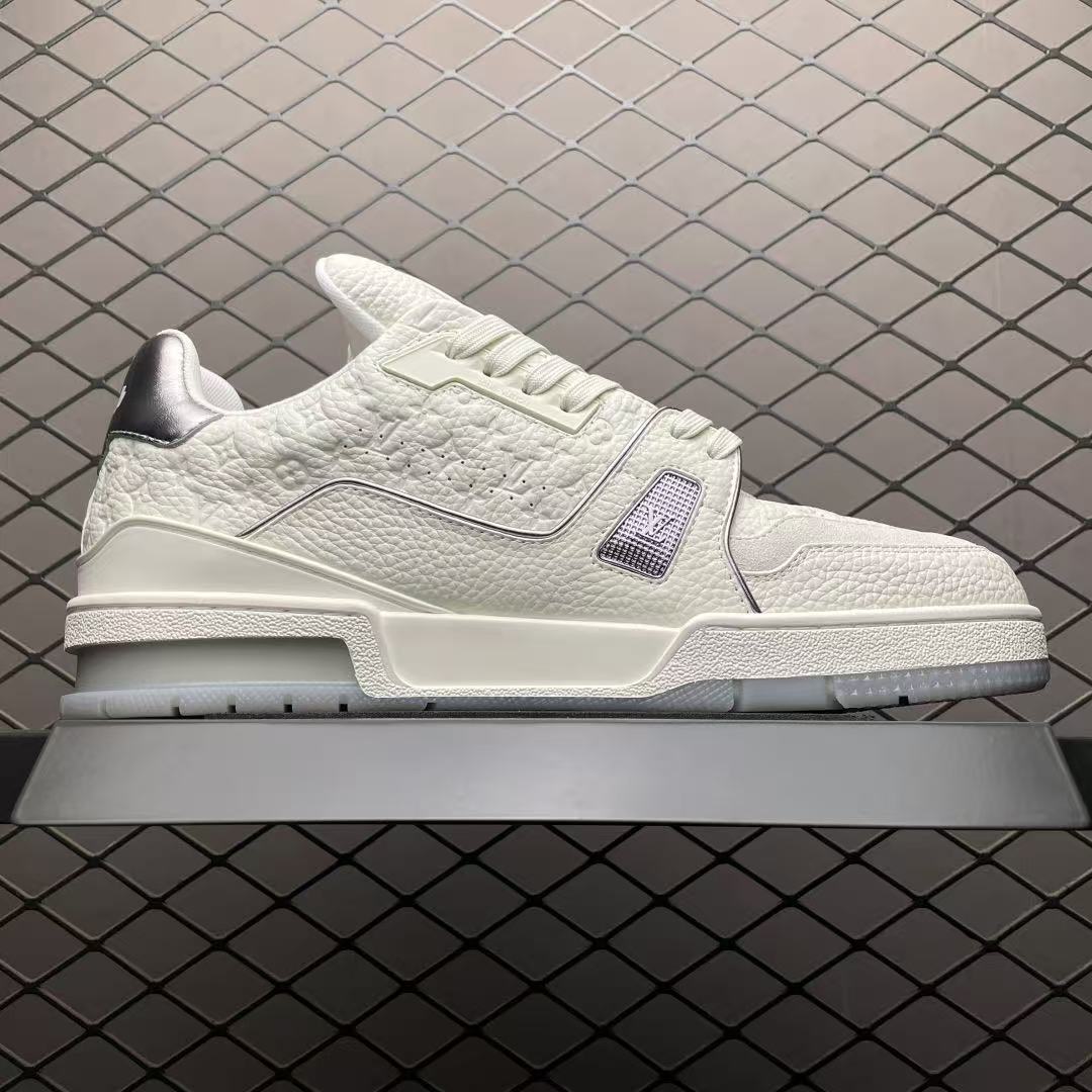 Men Retro Casual Sneakers, Grain Leather Upper, Thick Sole, White‑Grey Colorway, Street Fashion Shoes