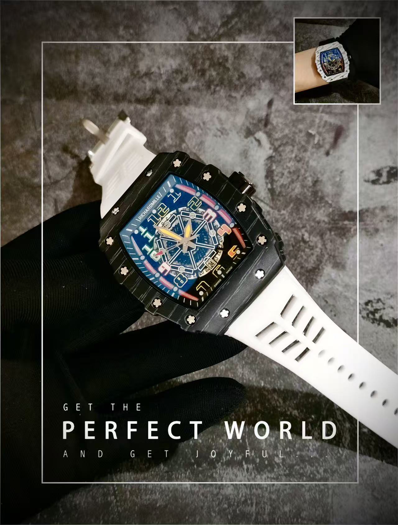 Men Tonneau Skeleton Sport Wrist Watch, Carbon Fiber Texture Case, Color Hollow Dial, Black Rubber Strap