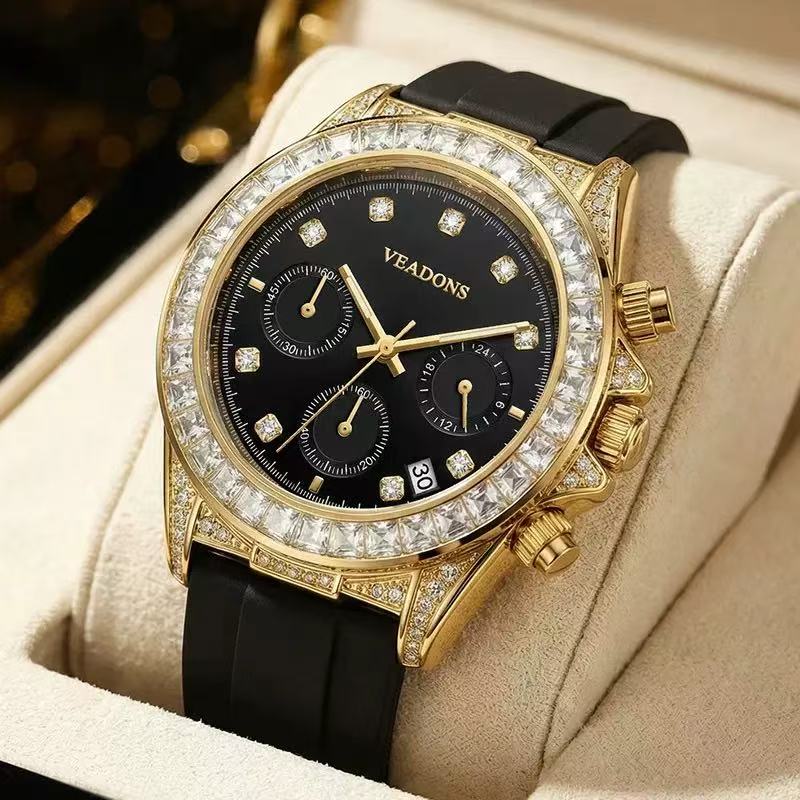 Men Gold‑Tone Diamond Chronograph Quartz Watch, Silicone Strap