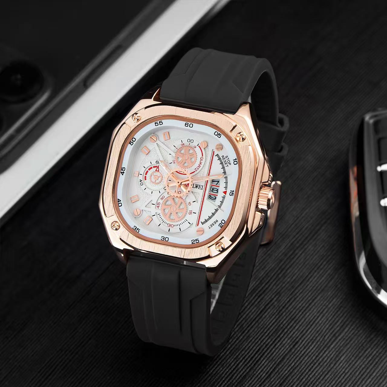 Luxury Square Men Quartz Watch Silicone Strap Business Wrist Watch