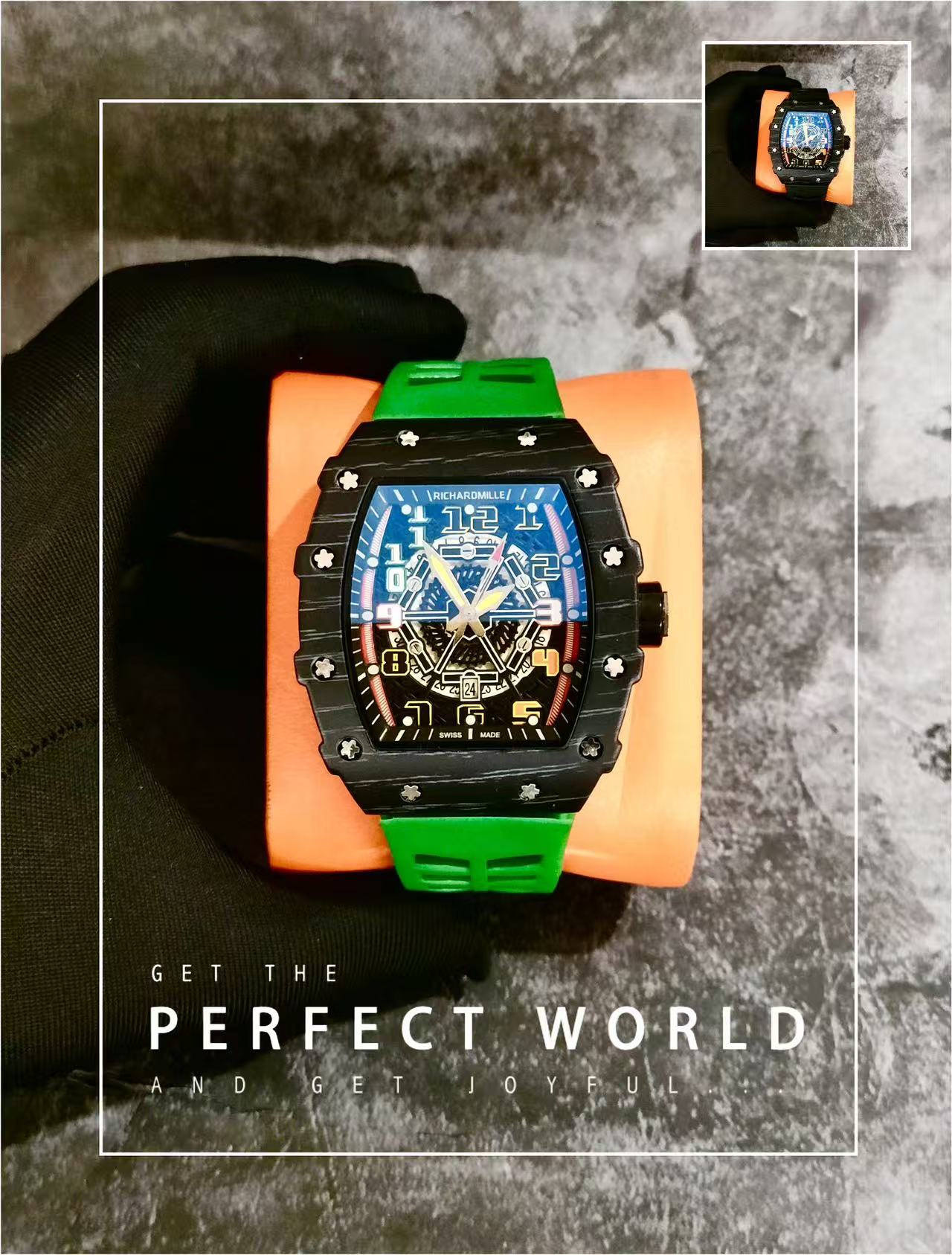 Men Tonneau Skeleton Sport Wrist Watch, Carbon Fiber Texture Case, Color Hollow Dial, Black Rubber Strap