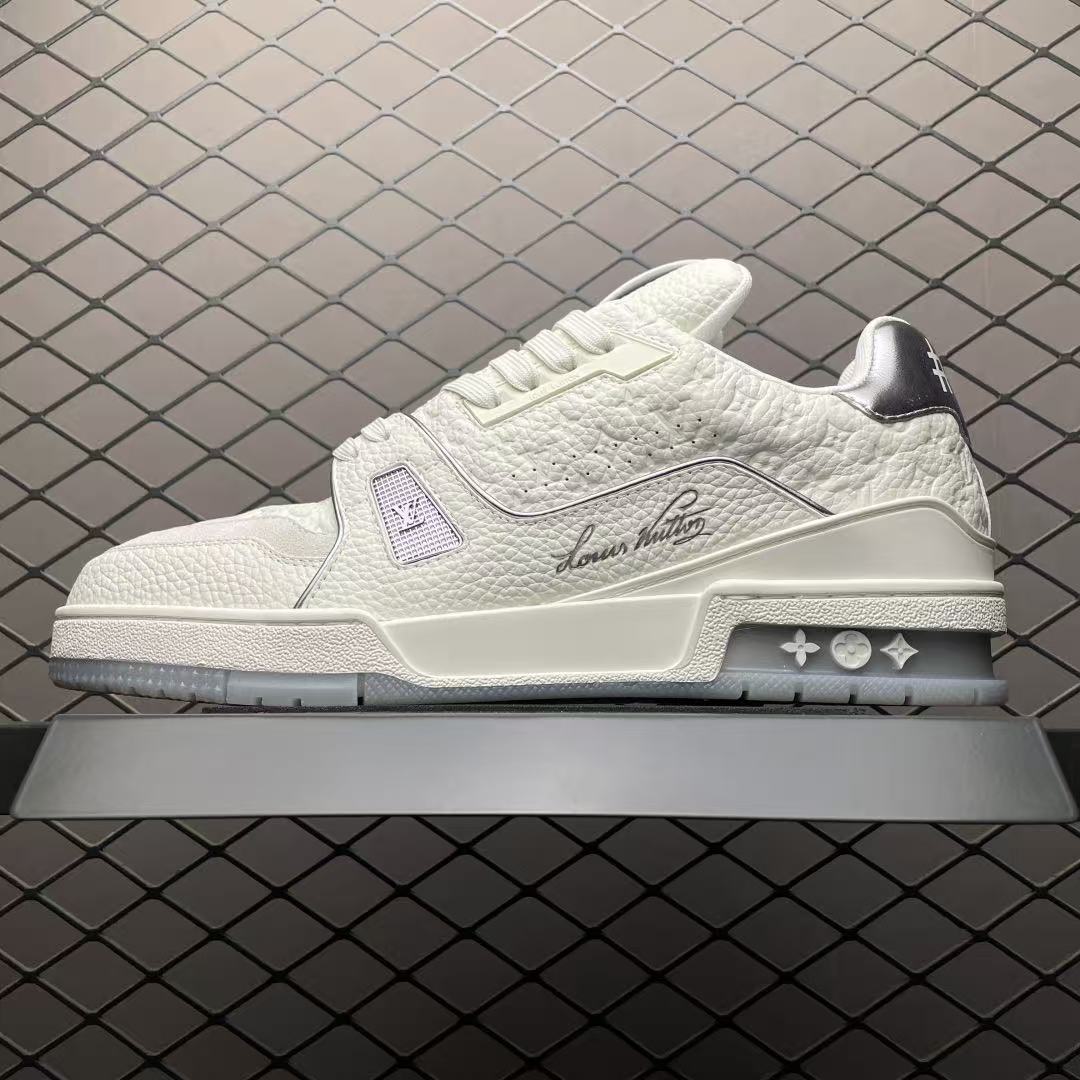 Men Retro Casual Sneakers, Grain Leather Upper, White‑Silver Tone, Thick Cushioned Sole Street Fashion Shoes