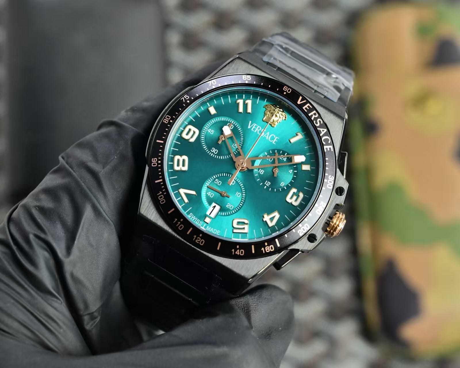 Men Chronograph Wrist Watch, Black Steel Case, Green Dial, Gold-Tone Details, Luxury Style