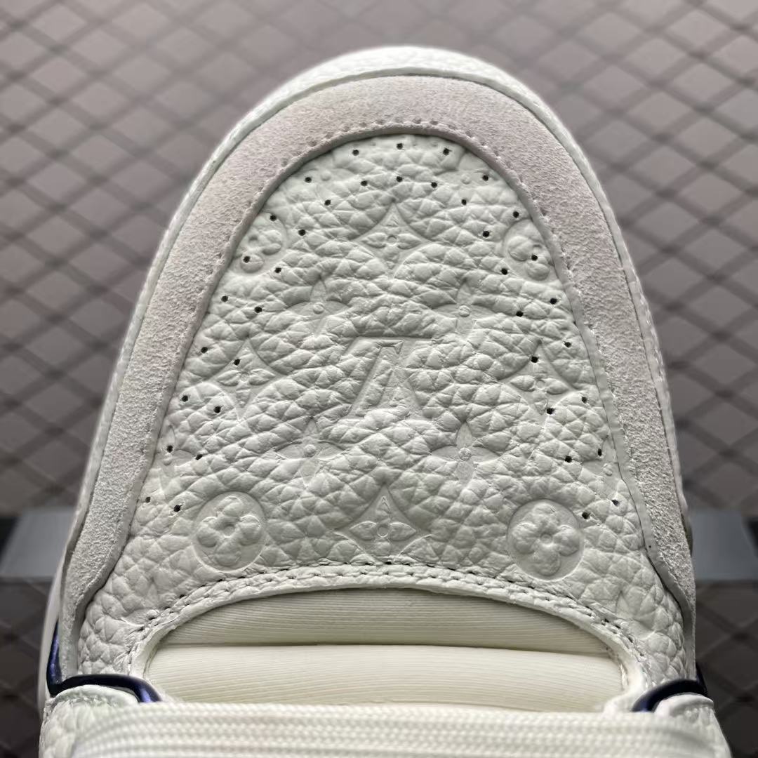 Men Retro Casual Sneakers, Grain Leather Upper, White‑Dark‑Blue Colorway, Thick Cushioned Sole Street Shoes