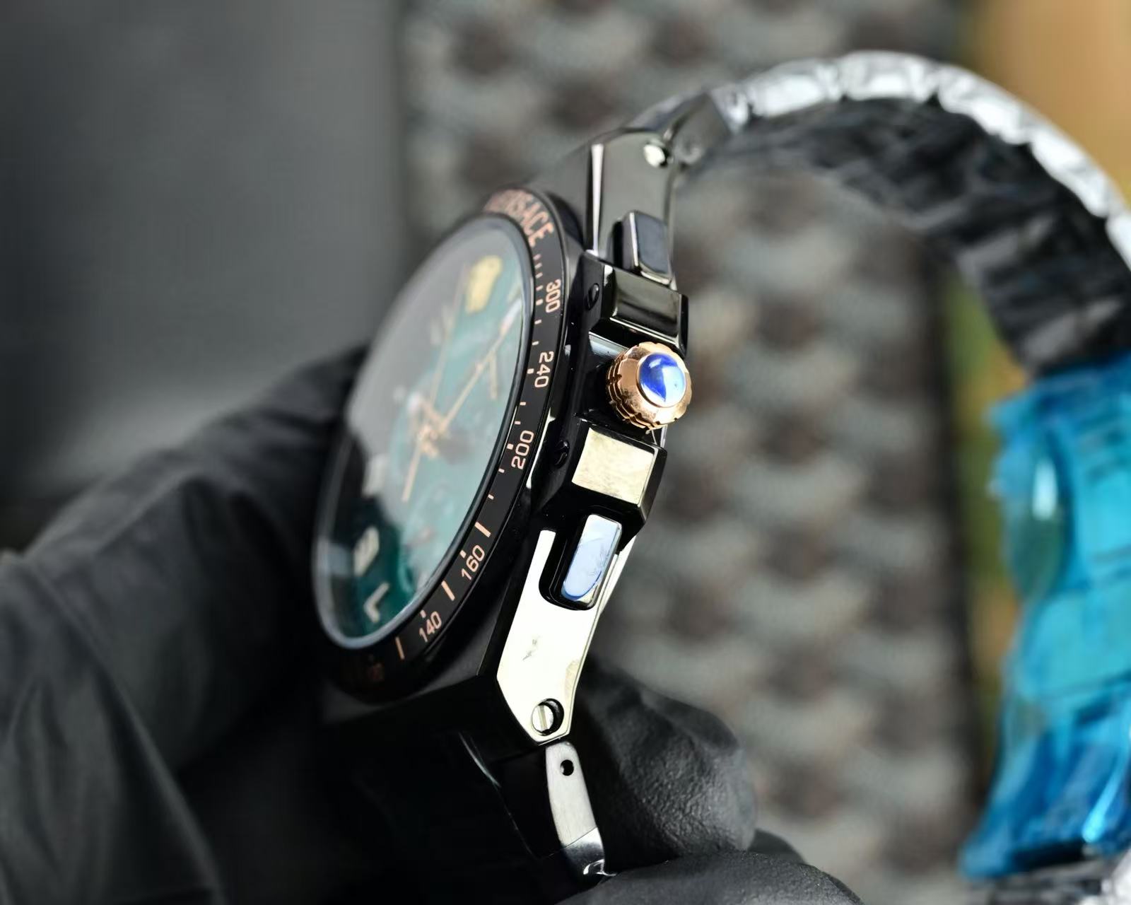 Men Chronograph Wrist Watch, Black Steel Case, Green Dial, Gold-Tone Details, Luxury Style