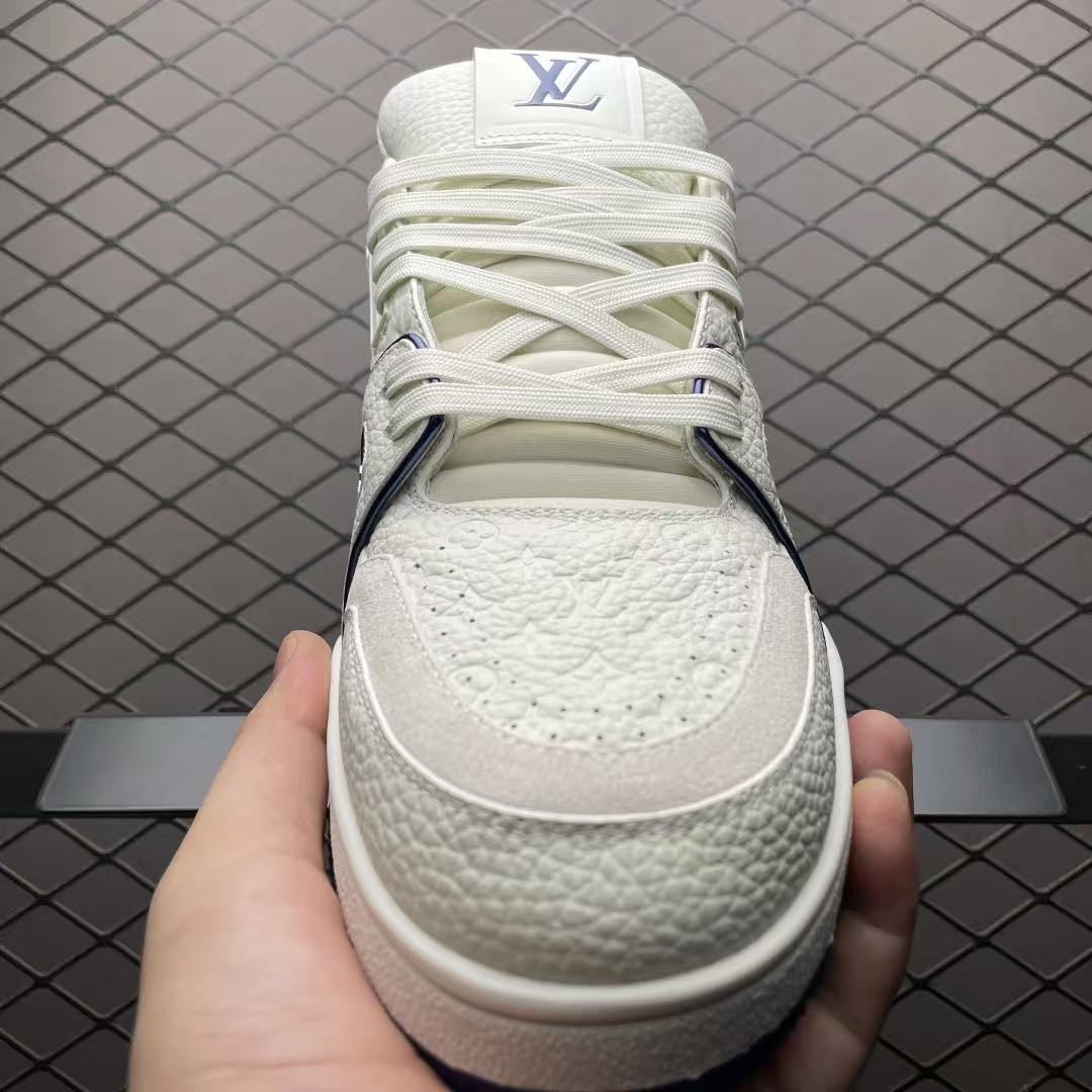 Men Retro Casual Sneakers, Grain Leather Upper, White‑Dark‑Blue Colorway, Thick Cushioned Sole Street Shoes