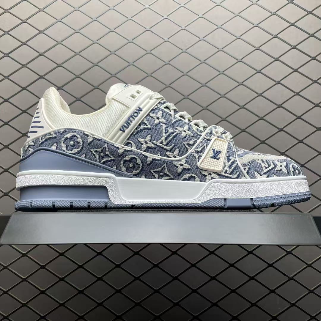 Men Retro Jacquard Casual Sneakers, Denim Fabric Upper, Thick Cushioned Sole, Blue‑White Street Shoes