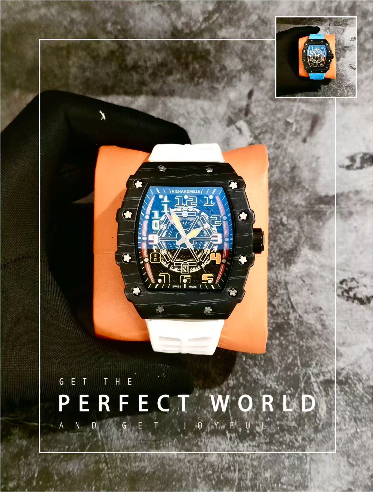 Men Tonneau Skeleton Sport Wrist Watch, Carbon Fiber Texture Case, Color Hollow Dial, Black Rubber Strap