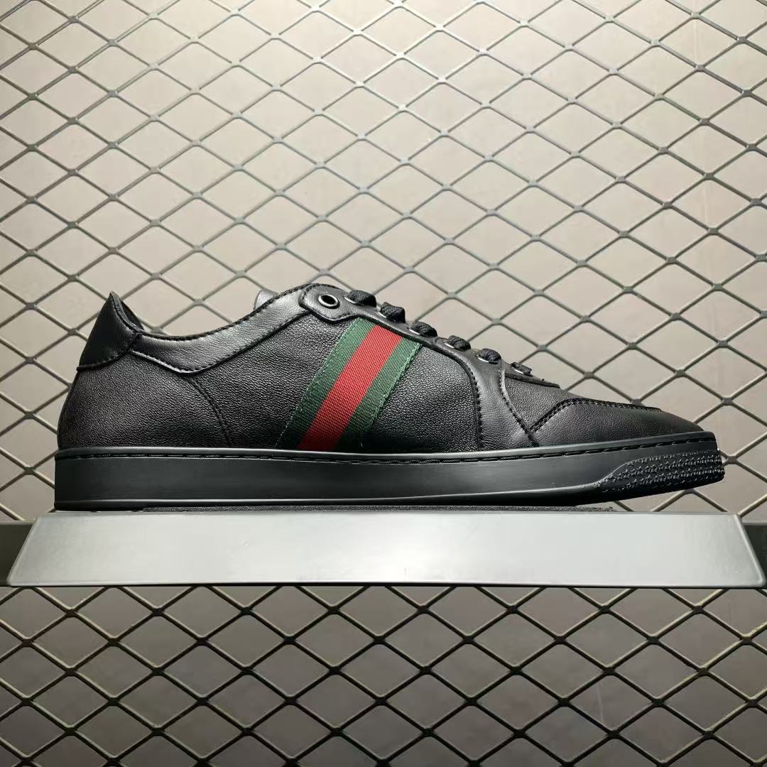 Men Low‑top Casual Sneakers, Smooth Leather Upper, Black Tone, Color‑Block Webbing Detail, Street Fashion Shoes