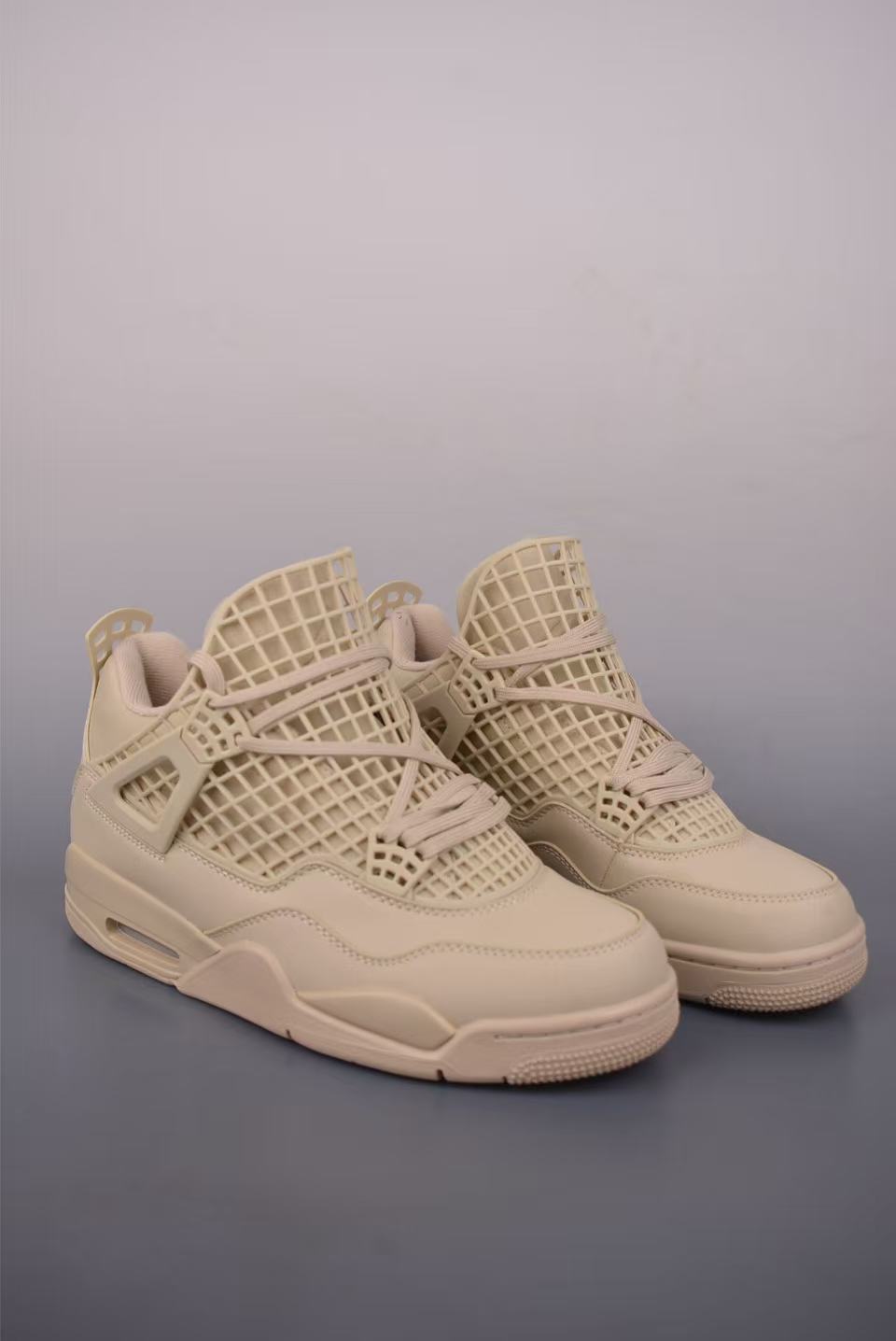 Men Low‑Top Fashion Basketball Sneakers, Full Beige Grid Mesh Upper, Monochrome Leather Casual Street Shoes