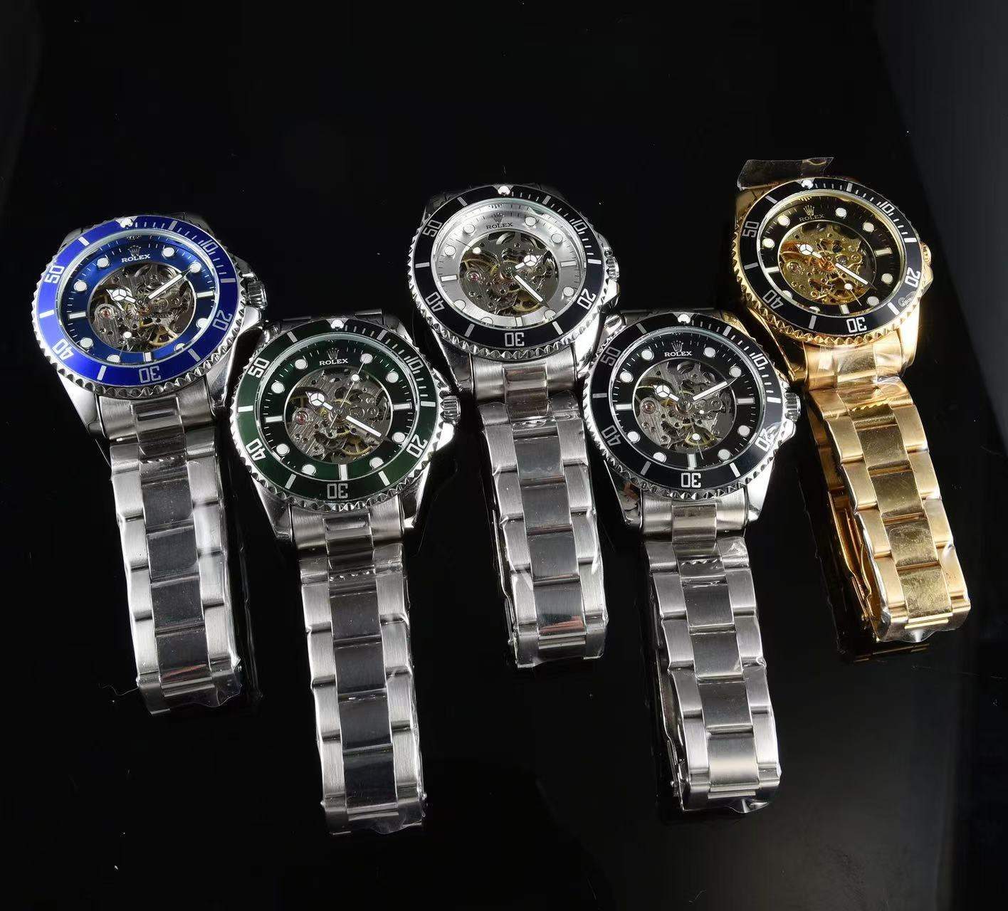 Men Skeleton Diver Sport Wrist Watch, Black Ceramic Bezel, Stainless Steel Bracelet, Hollow Mechanical Dial
