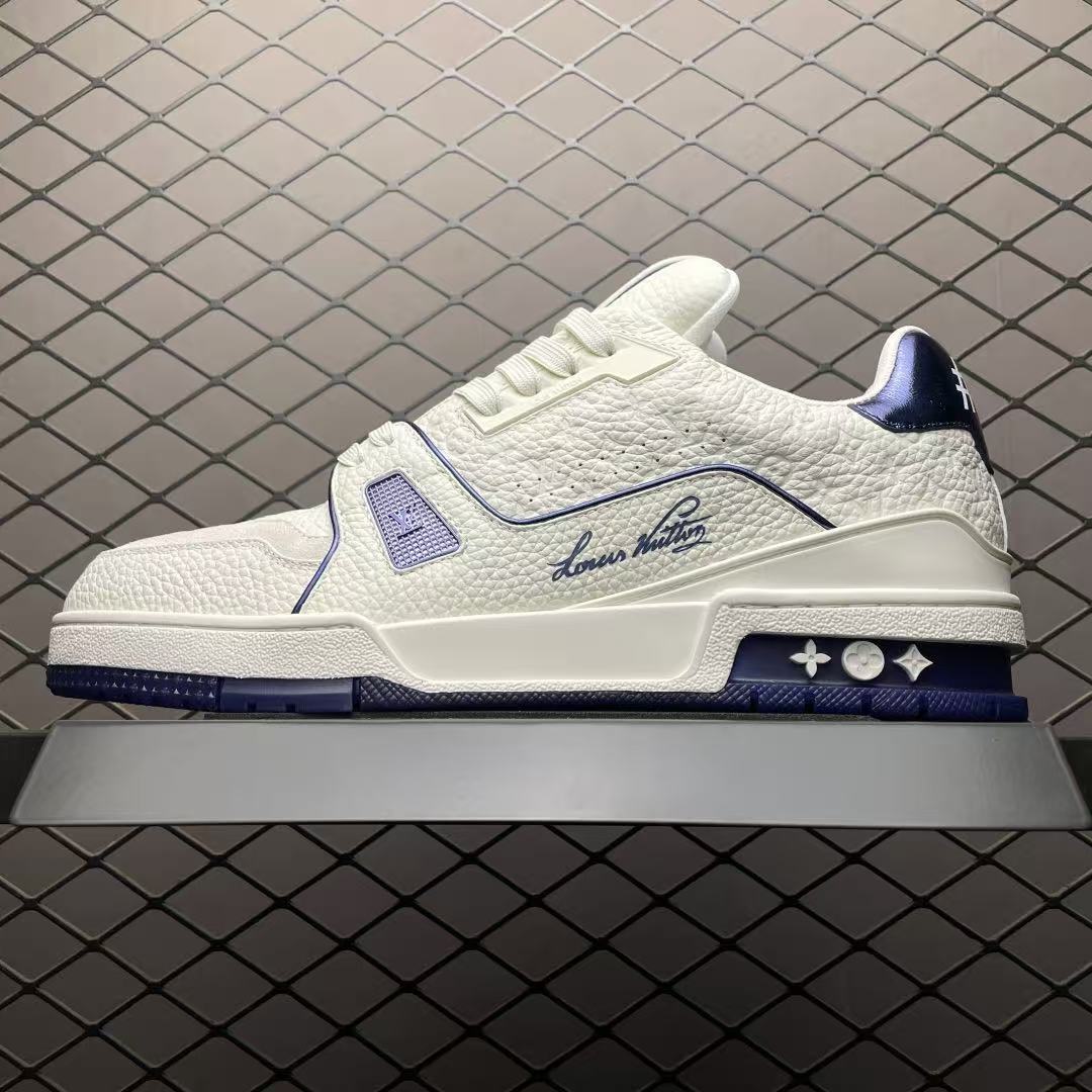 Men Retro Casual Sneakers, Grain Leather Upper, White‑Dark‑Blue Colorway, Thick Cushioned Sole Street Shoes