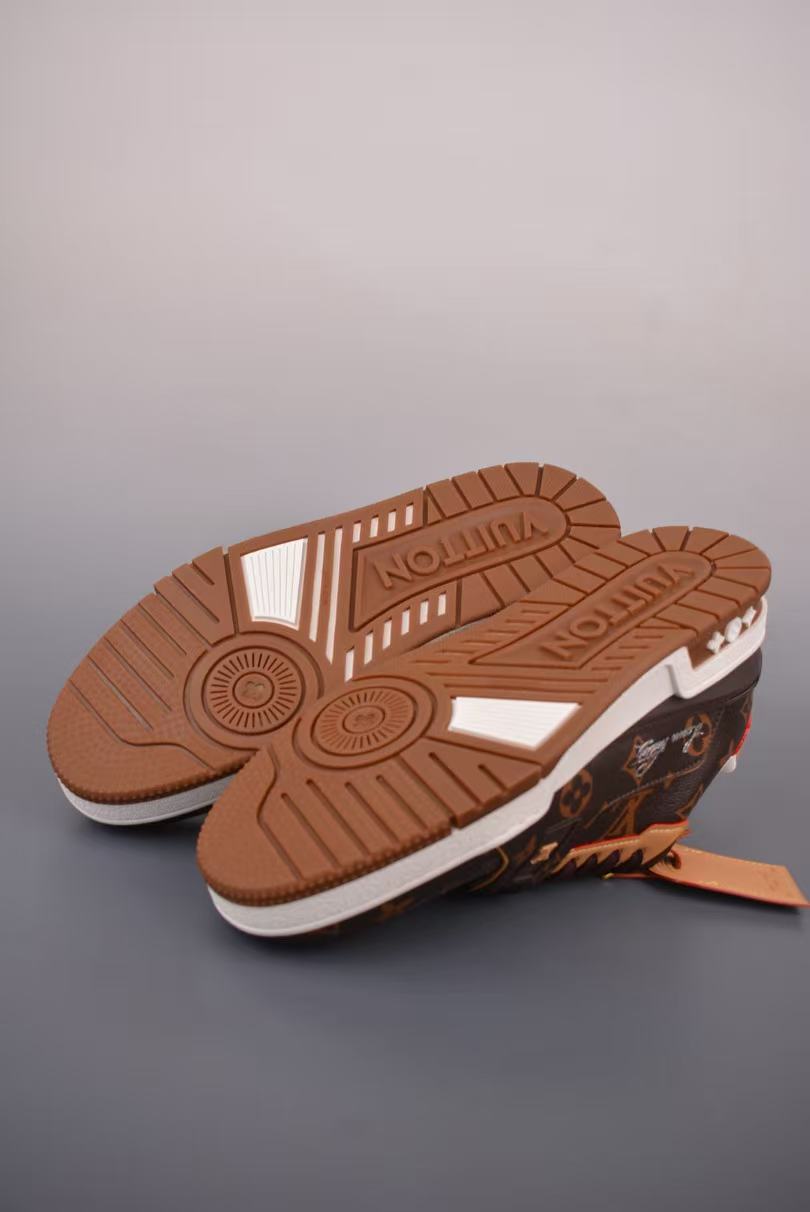 Men Retro Printed Casual Sneakers, Grain Leather Upper, Brown‑Tan Two‑Tone, Thick Cushioned Sole Street Shoes