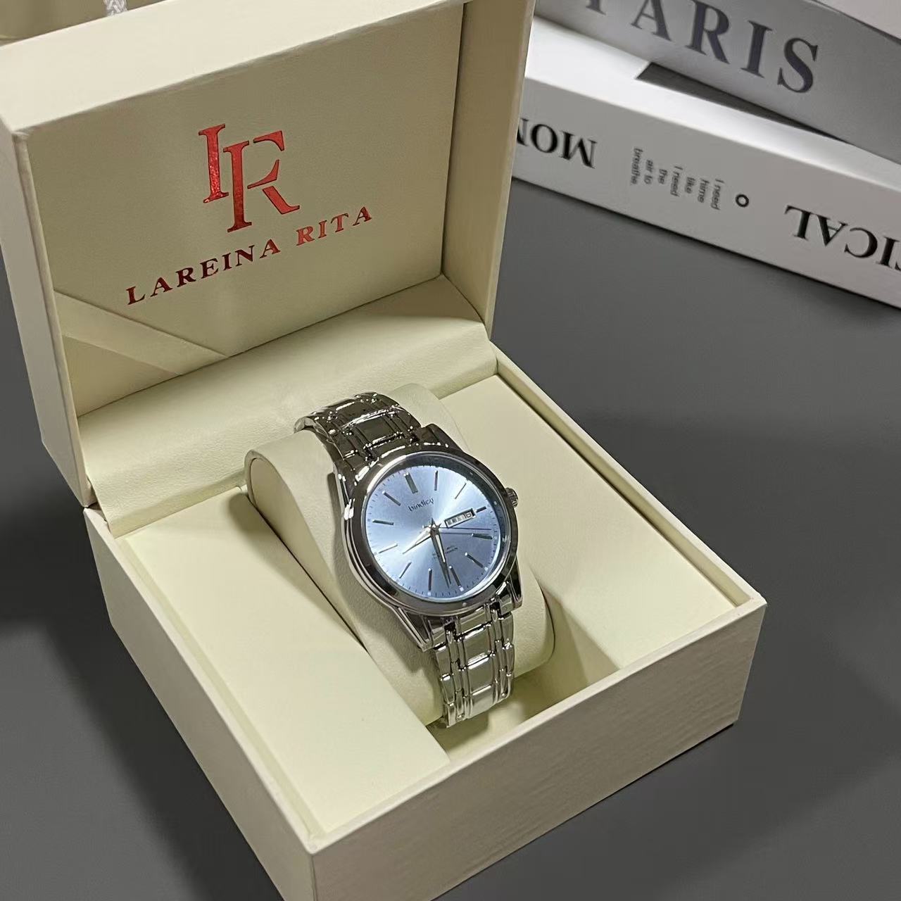 Lareina Rita Men Quartz Watch Stainless Steel Band Date‑Day Business Wristwatch