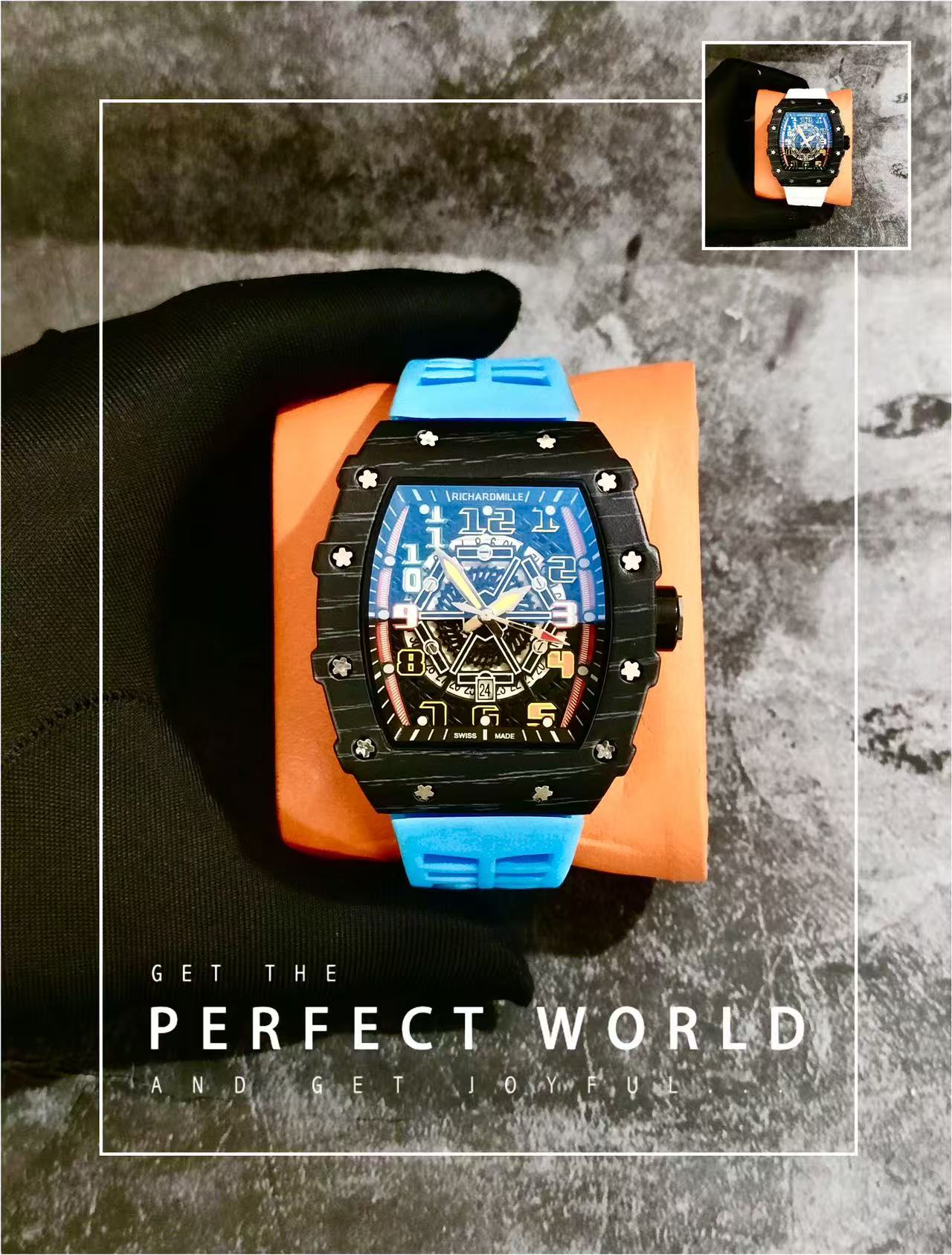 Men Tonneau Skeleton Sport Wrist Watch, Carbon Fiber Texture Case, Color Hollow Dial, Black Rubber Strap