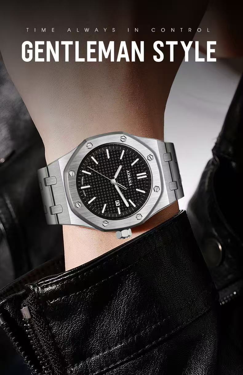 Men Octagon Stainless Steel Quartz Watch with Date Display