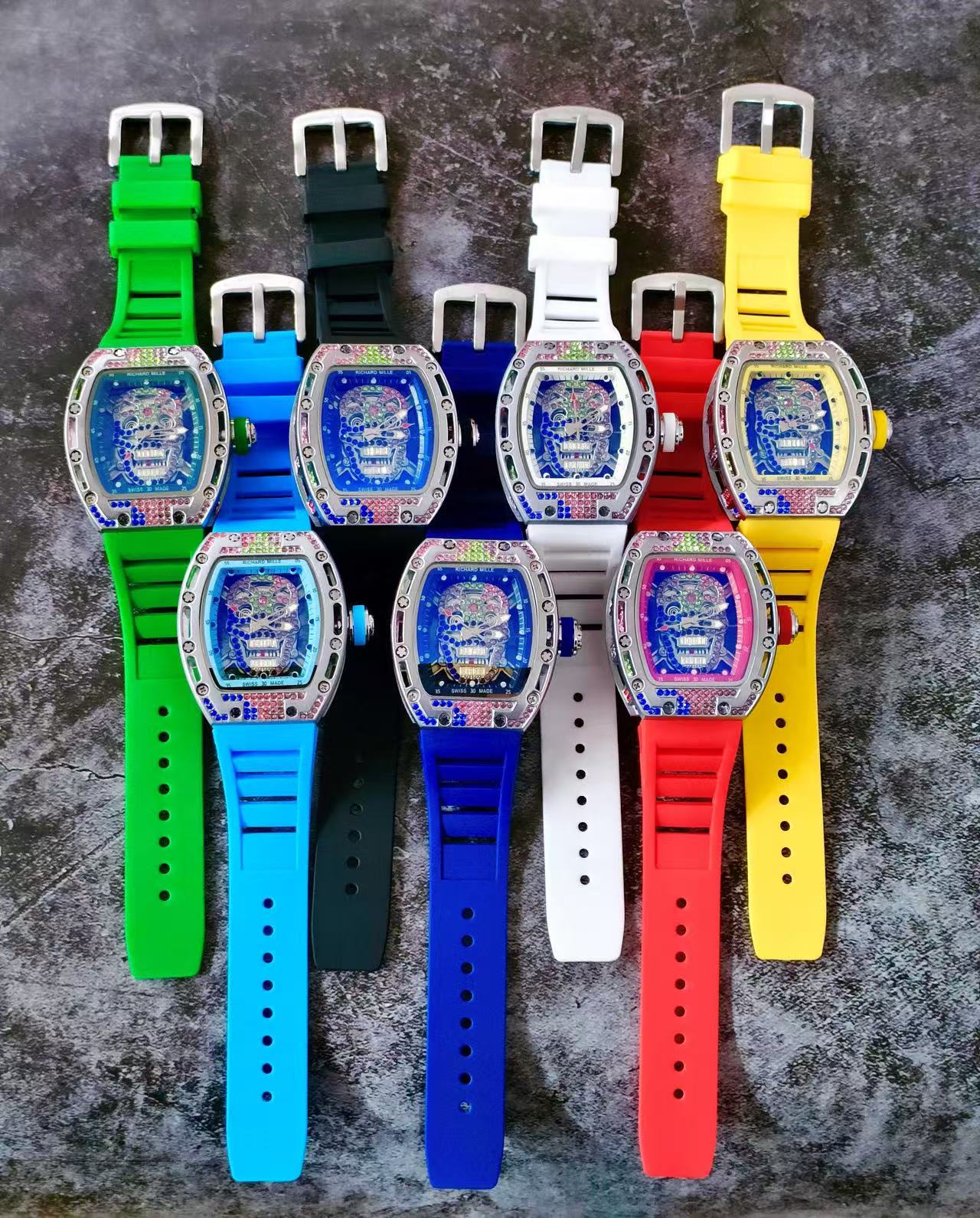 Men Tonneau Skeleton Wrist Watch, Colorful Skull Dial, Rhinestone Inlay, Red Silicone Rubber Strap