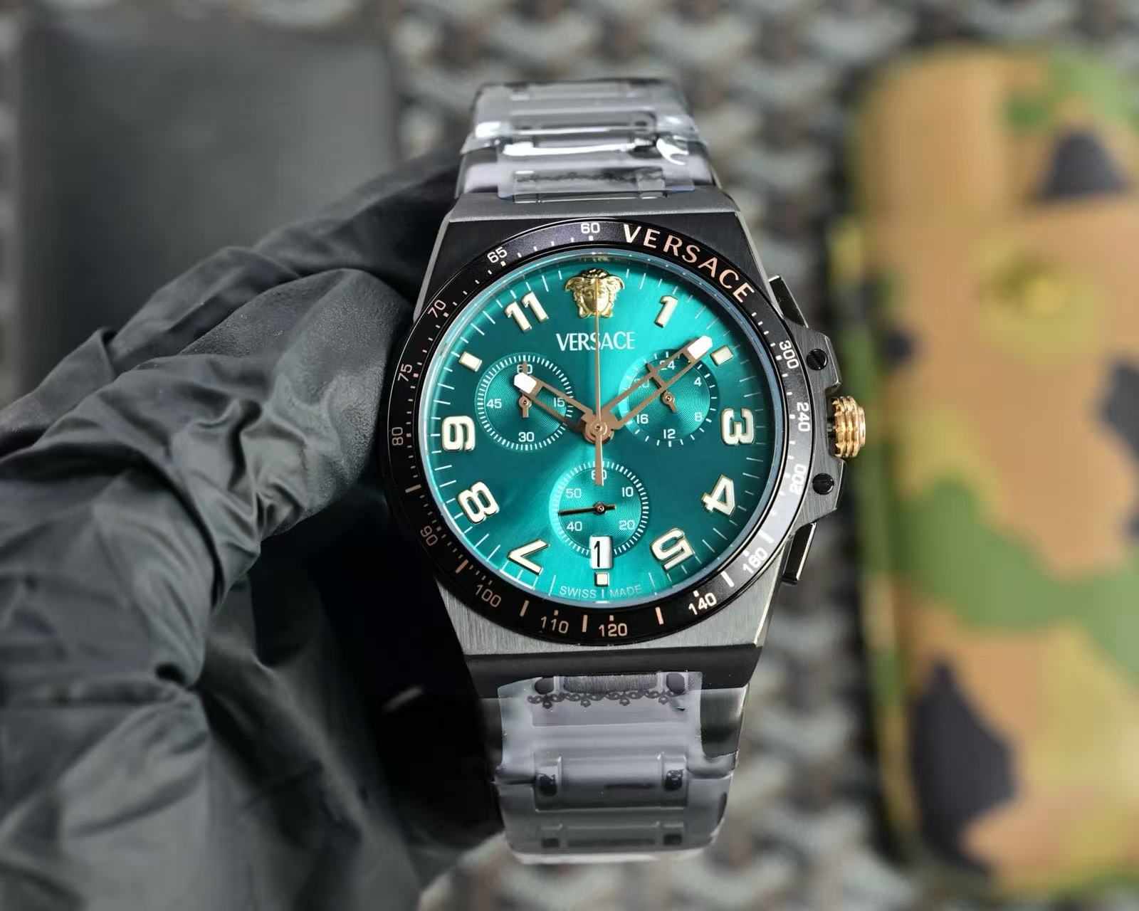 Men Chronograph Wrist Watch, Black Steel Case, Green Dial, Gold-Tone Details, Luxury Style