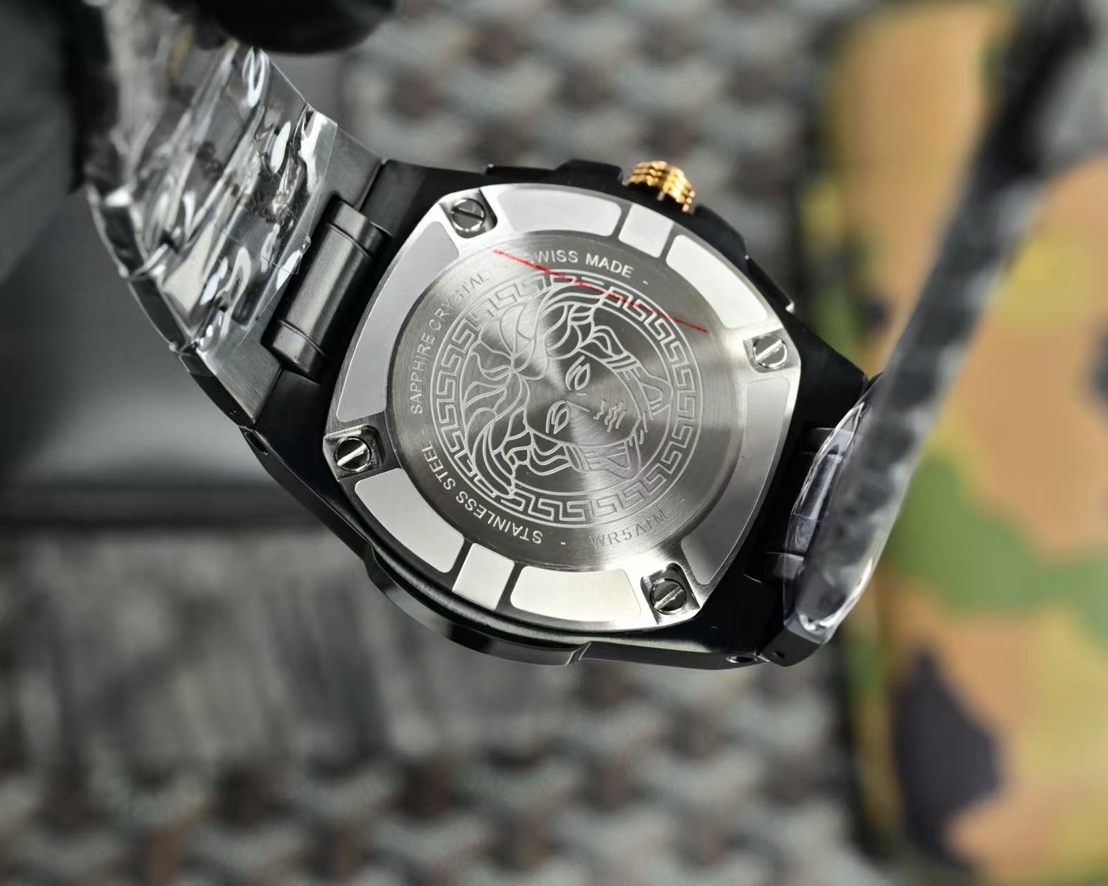 Men Chronograph Wrist Watch, Black Steel Case, Green Dial, Gold-Tone Details, Luxury Style