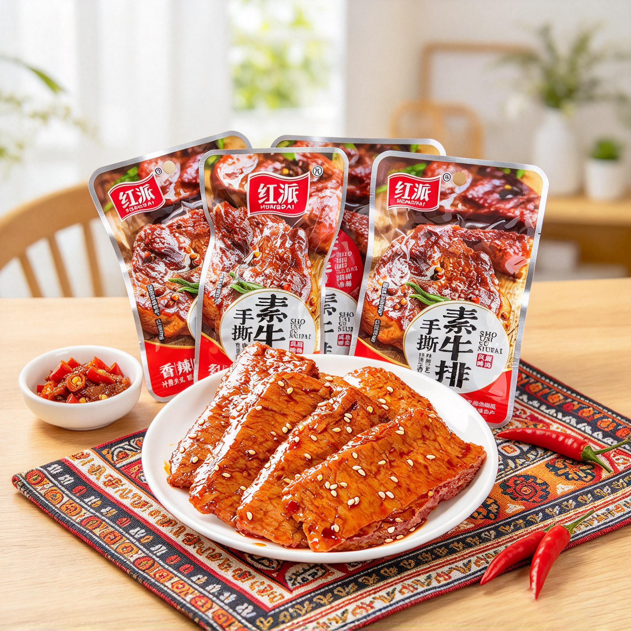 Hongpai Hand-Torn Plant-Based Slice (Spicy) 20g 红派手撕素牛排香辣味20g