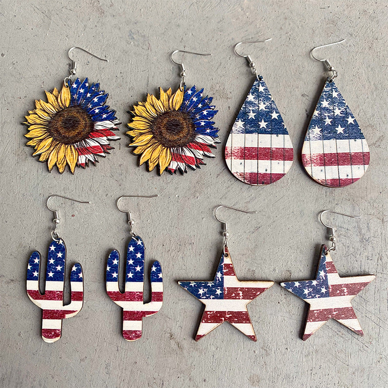 Western Cactus Cross Flag Wood Earrings