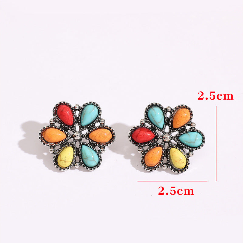 Turquoise Boho Vintage Floral Cross Earrings for Women
