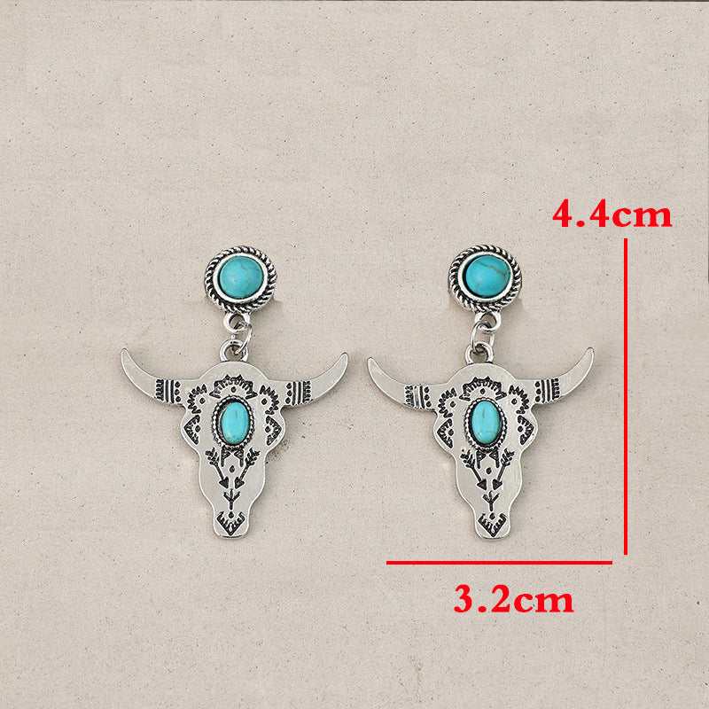 Western Turquoise Vintage Cow Skull Cross Earrings