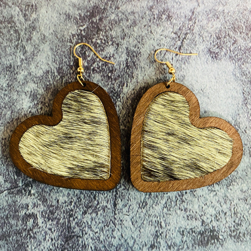 Vintage Horse Heart Cross Wood Earrings