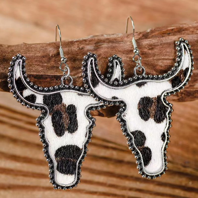 Western Vintage Cow Skull Cross Leather Earrings