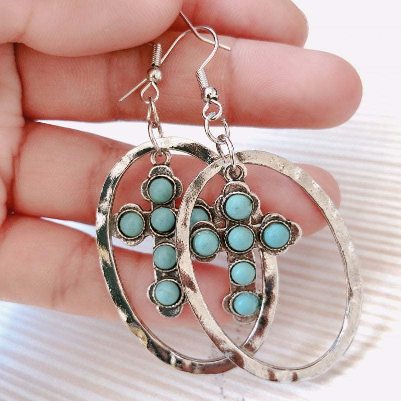Turquoise Vintage Statement Cross Earrings