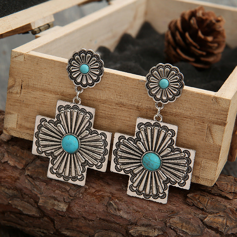 Western Turquoise Vintage Statement Cross Earrings - product image 4