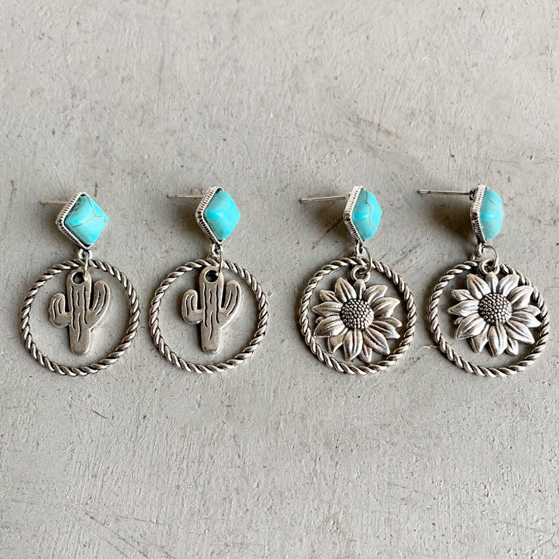 Western Turquoise Boho Vintage Cactus Earrings