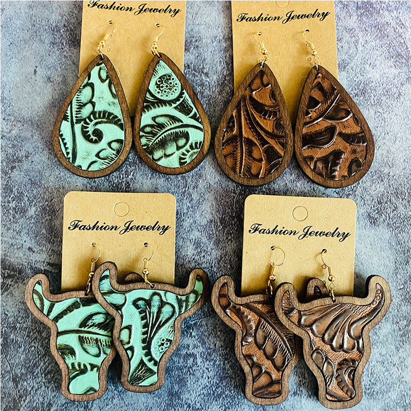 Western Vintage Cow Skull Cross Wood Earrings - product image 1