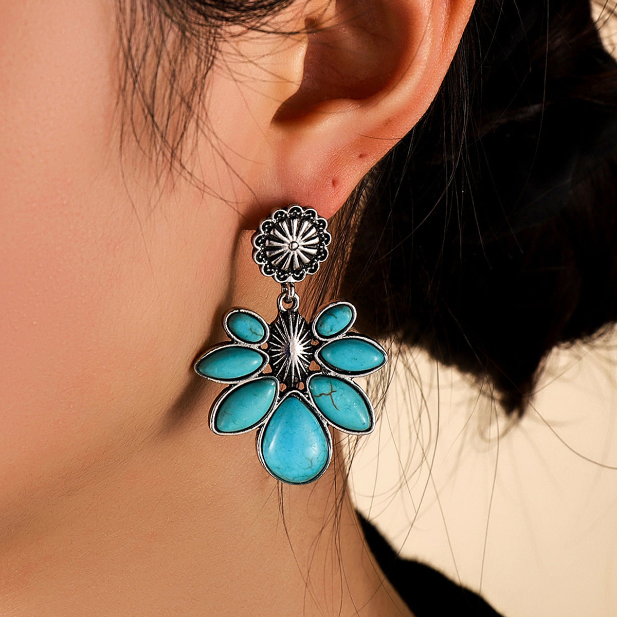 Turquoise Boho Vintage Floral Cross Earrings - product image 4