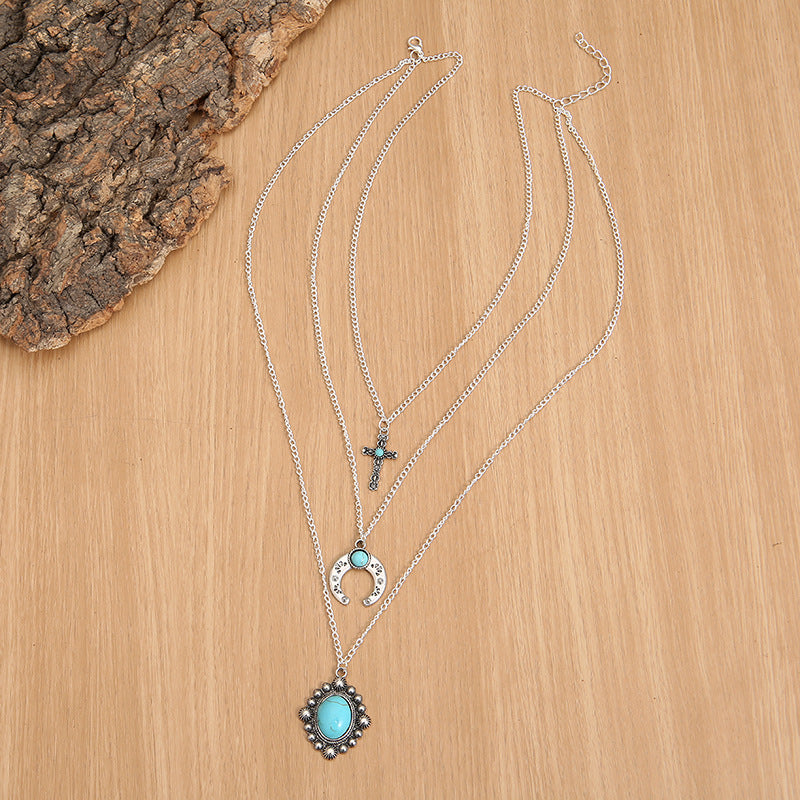 Turquoise Cow Skull Moon Cross Necklace
