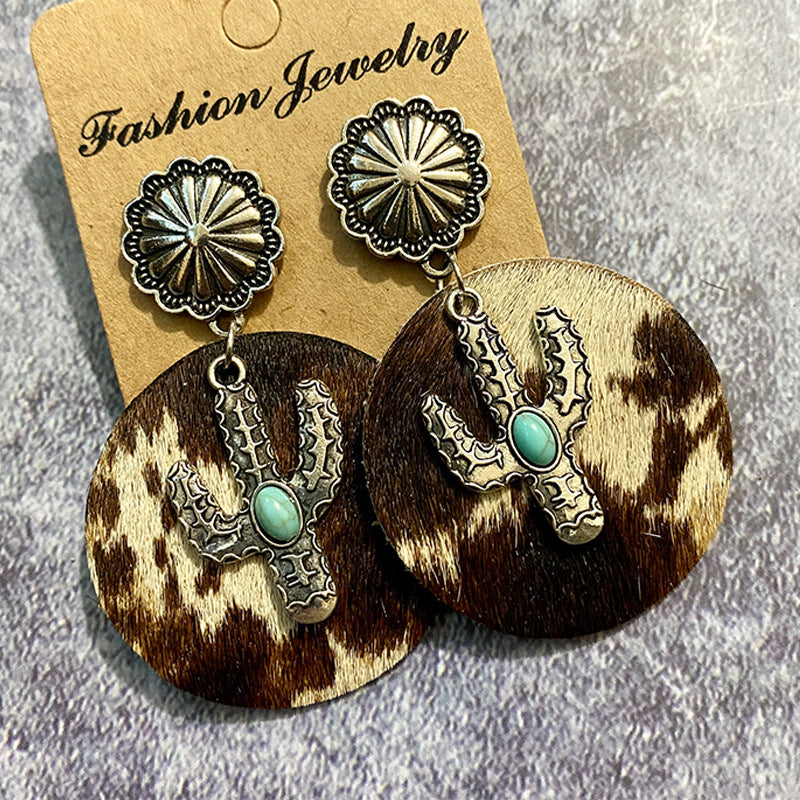 Western Boho Vintage Cactus Cross Earrings