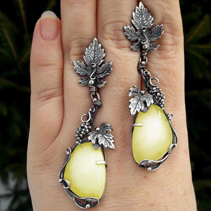Metal Grape Vine Leaf Earrings Inlaid with Teardrop-shaped Cat's Eye Stone
