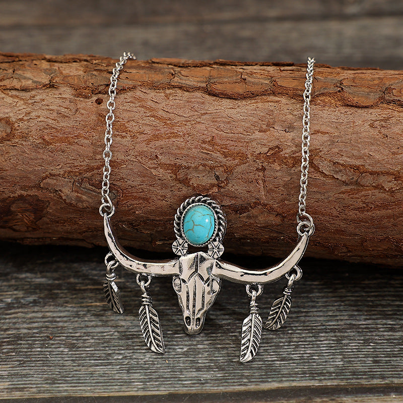 Western Turquoise Vintage Cow Skull Cross Necklace