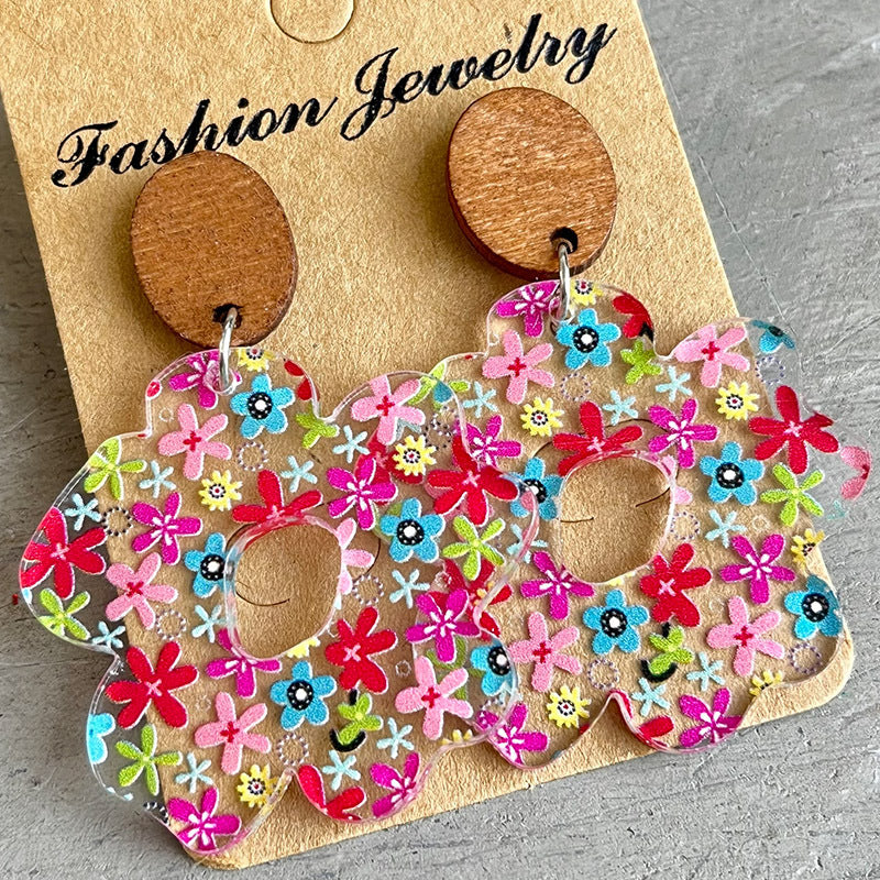 Geometric Floral Cross Wood Acrylic Earrings - product image 4