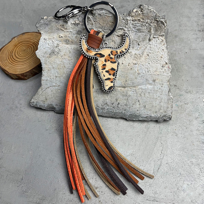 Western Cow Skull Leather Tassel Keychain