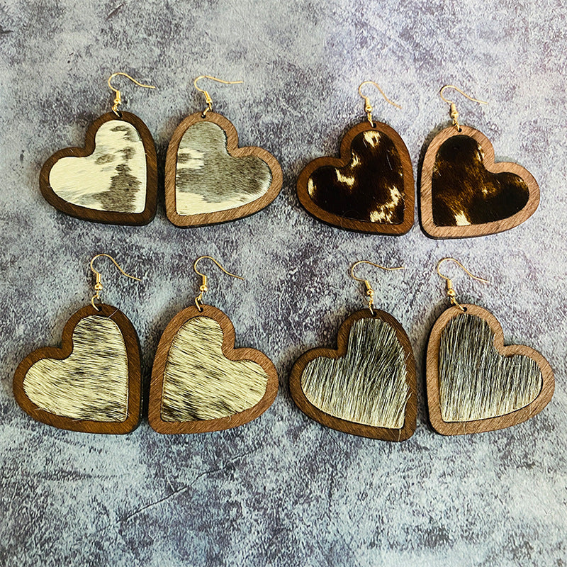 Vintage Horse Heart Cross Wood Earrings