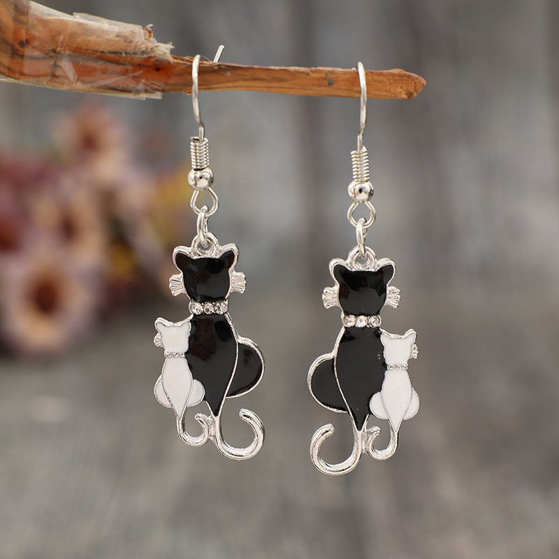 Fashion Jewelry Set with Diamonds - Black and White Cat Couple Necklace - - product image 1