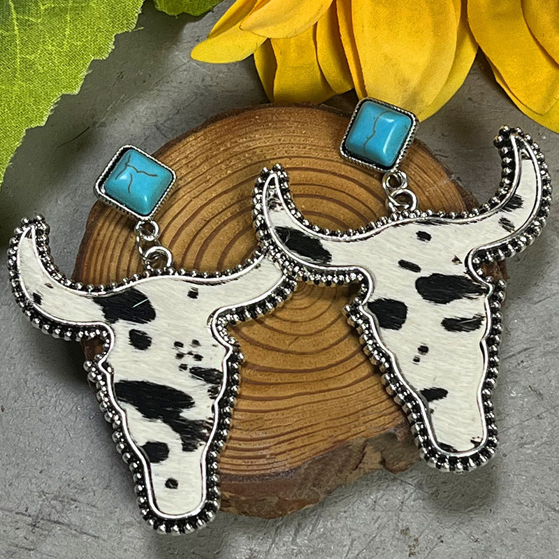 Western Turquoise Boho Vintage Cow Skull Earrings - product image 2