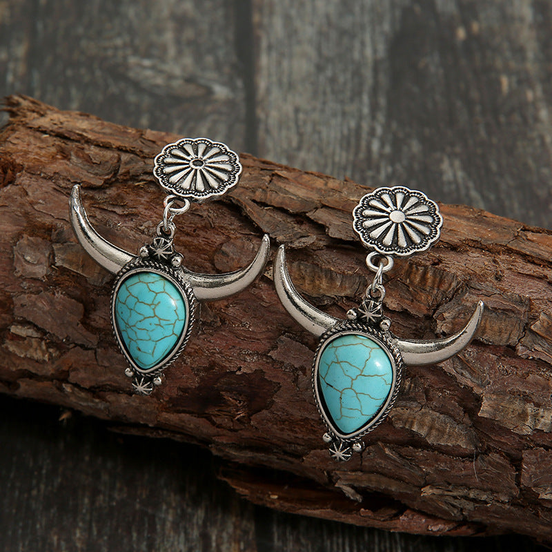 Western Turquoise Boho Vintage Cow Skull Earrings - product image 4