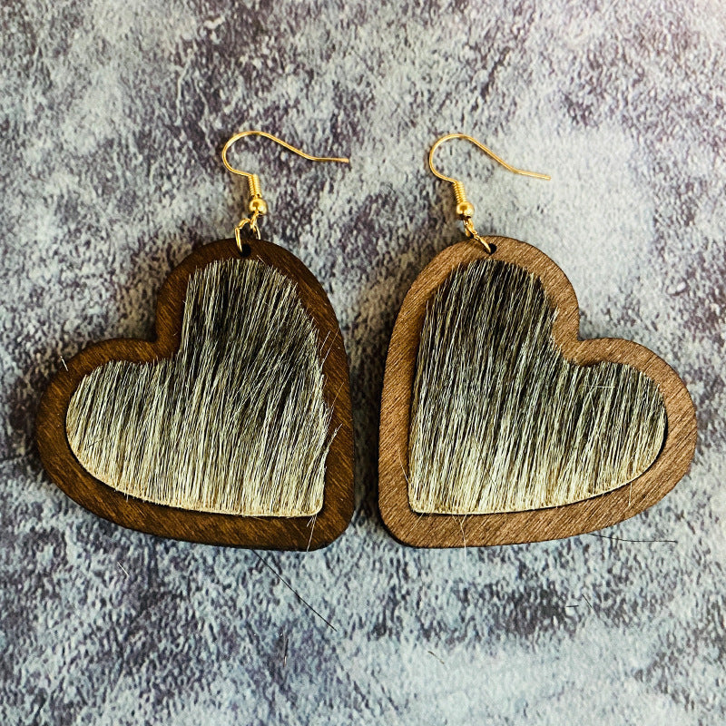 Vintage Horse Heart Cross Wood Earrings