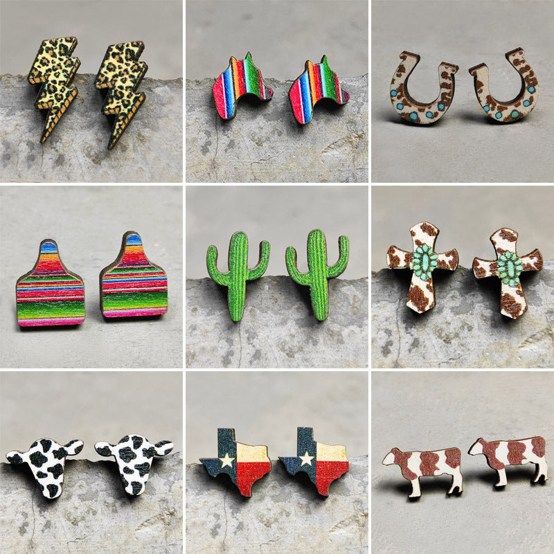 Cow Skull Horse Cactus Cross Wood Earrings