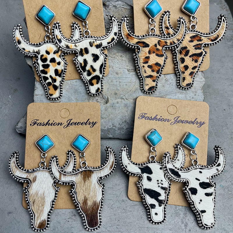 Western Turquoise Boho Vintage Cow Skull Earrings - product image 1