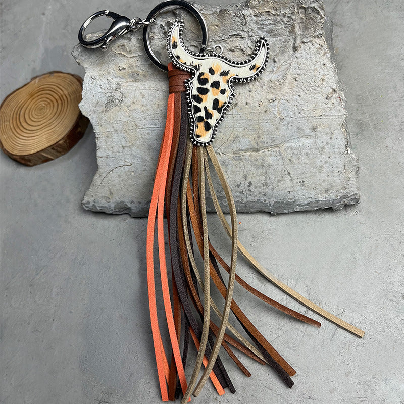 Western Cow Skull Leather Tassel Keychain