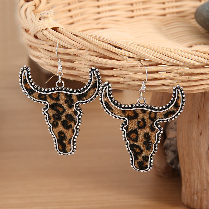 Western Vintage Cow Skull Cross Leather Earrings